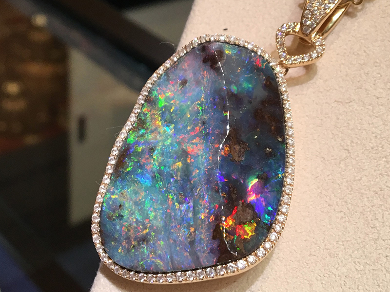 Katherine Jetter Manhattan pendant II - 79.76ct Boulder Opal set in yellow gold with diamonds on a 22 inch yellow gold and moonstone chain