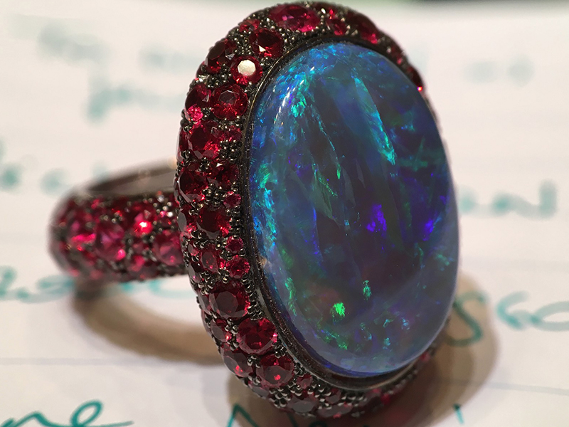 Katherine Jetter Opal Scarlett ring - Exquisite black opal surrounded by deep red spinel