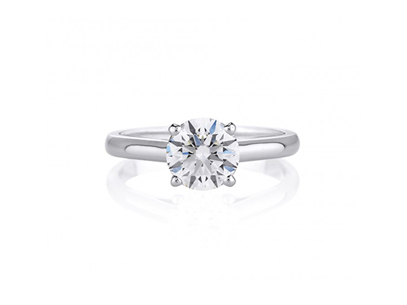 DeBeers Classic Solitaire Ring mounted on white gold with a round center diamond.