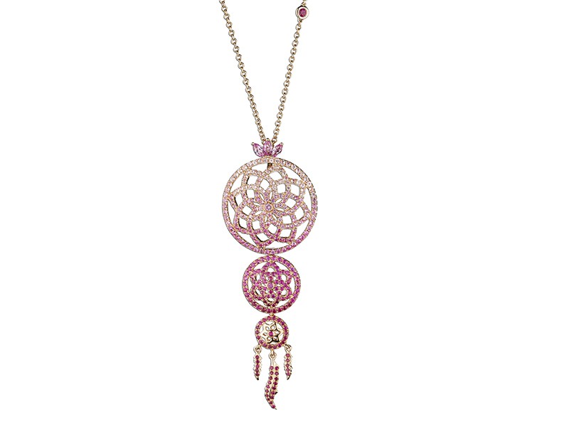 Laura Sayan Dream catcher necklace mounted on rose gold with rubies and rose sapphires is available at the Pop up, CHF 5'395