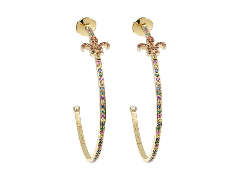 Laura Sayan Créoles Fleur de Lys mounted on yellow gold with tsavorites, rose, yellow, blue, orange sapphires and rubies. These earrings are available at the Pop Up, CHF 3'920