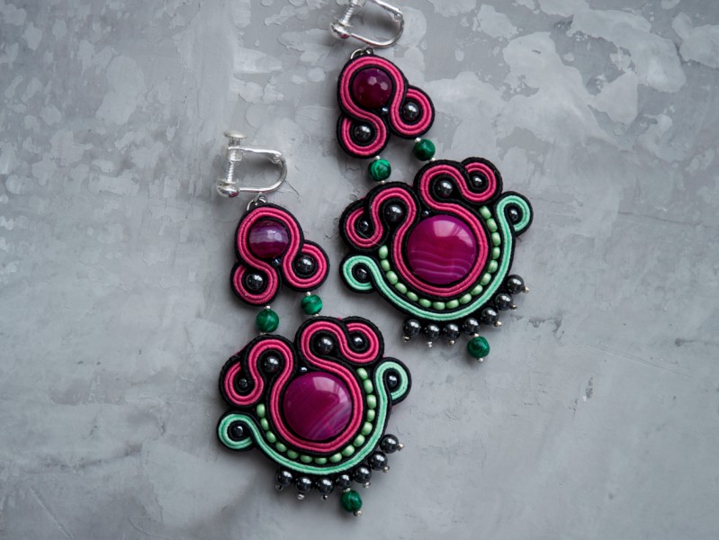 Nowness Dangle earrings with fuchsia agate, hematite and malachite are available at the Pop Up, ~ CHF 181