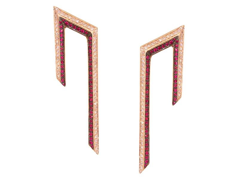 Ralph Masri From Phoenician Script collection - Earrings mounted on rose gold with pink diamonds and rubies