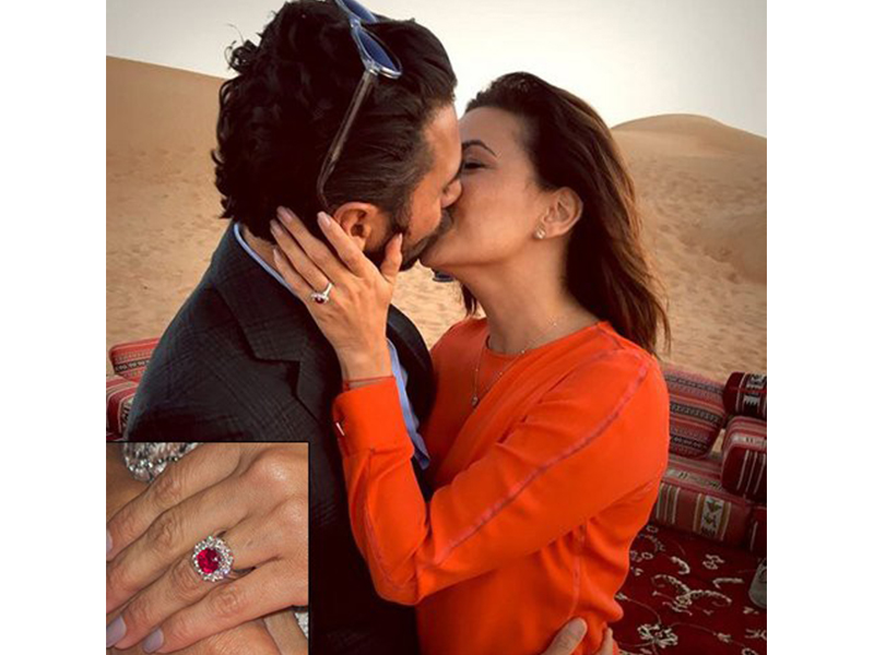 Anna Sheffield Eva Langoria and Jose Antonio Baston - Unique engagement ring with a ruby center stone and diamonds