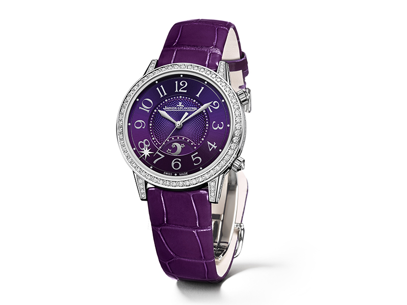 Jaeger-Lecoultre Rendez-Vous Sonatina Large set in white gold with diamonds and a purple guioché dial.