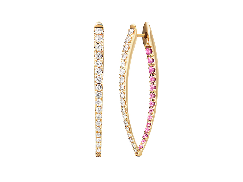 Melissa Kaye Cristina earring (large) mounted on yellow gold with white diamonds and pink sapphires, ~ USD$ 7'700