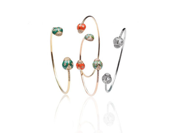 Nayla Arida Jewellery Bestiaire Précieux collection - Lady Bug bangles mounted on gold with malachite, coral, turquoise or mother of pearl