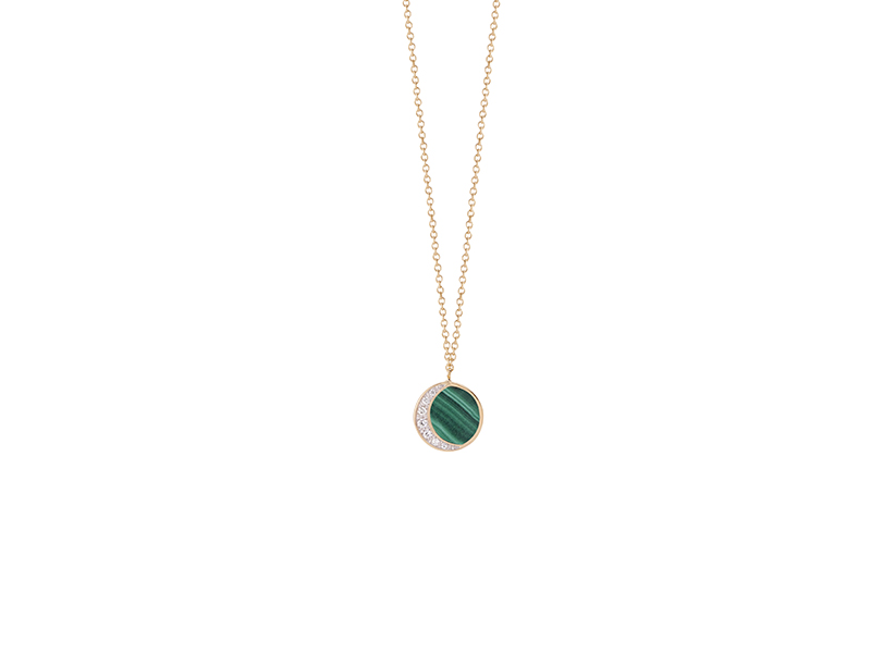 Pamela Love Inlay reversible moon phase pendant mounted on yellow gold with pave white diamonds and malachite, ~ USD$ 1'900