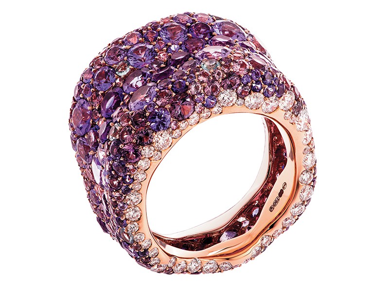 Fabergé Emotion Purple Ring set on rose gold with 90 Round White Diamonds (1.51cts.), 122 Round Purple Sapphires (5.43cts.), 41 Round Amethysts (2.30cts.), 9 Round Aquamarines (0.27cts.), 155 Round Violet Spinels (3.57cts.), 23 Round Violet Topaz (0.35cts) 