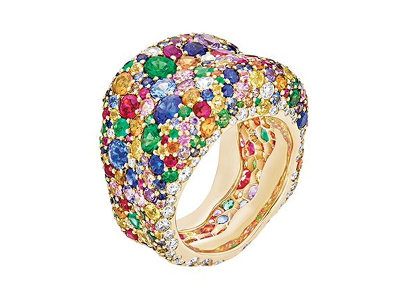 Fabergé Emotion Multi-Colored Ring set on yellow gold with round Violet Sapphires (1.16cts), round Blue Sapphires (1.66cts), Round Tsavorites (1.44cts), Round Orange Sapphires (1.86cts), Round Yellow Sapphires (1.77cts), Round Rubies (1.48cts), Round Pink Sapphires (1.57cts) and Round White Diamonds (0.72cts). 