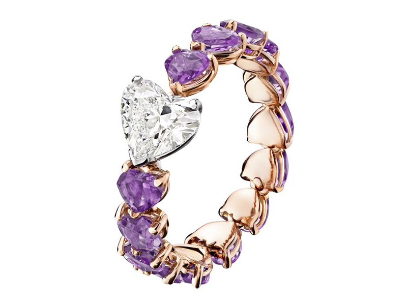 De Grisogono Cuore Ring paved with amethysts and a central heart-cut diamond Cuore Ring set with successive hearts topped with a central heart stone