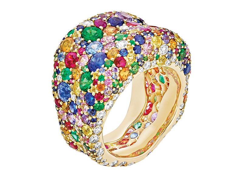 Fabergé Emotion collection - Multicoloured Ring mounted on yellow gold with white diamonds, rubies, tsavorites, emeralds and multicolored sapphires