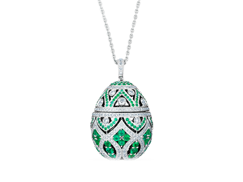 Fabergé Imperial collection - Zenya emerald egg pendant mounted on white gold with round emeralds and round white dimaonds