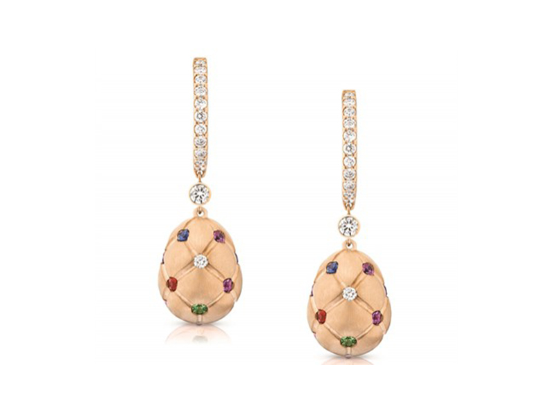 Fabergé Treillage collection - multicolored rose gold matt drop earrings with white diamonds, blue and pink sapphires, rubies, amethystes, opals and tsavorites