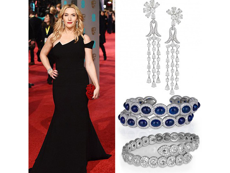 David Morris Kate Winslet wore five row chandelier earrings from the Morning Dew collection and two diamond bangles and one sapphire and diamond bangle at the Bafta.
