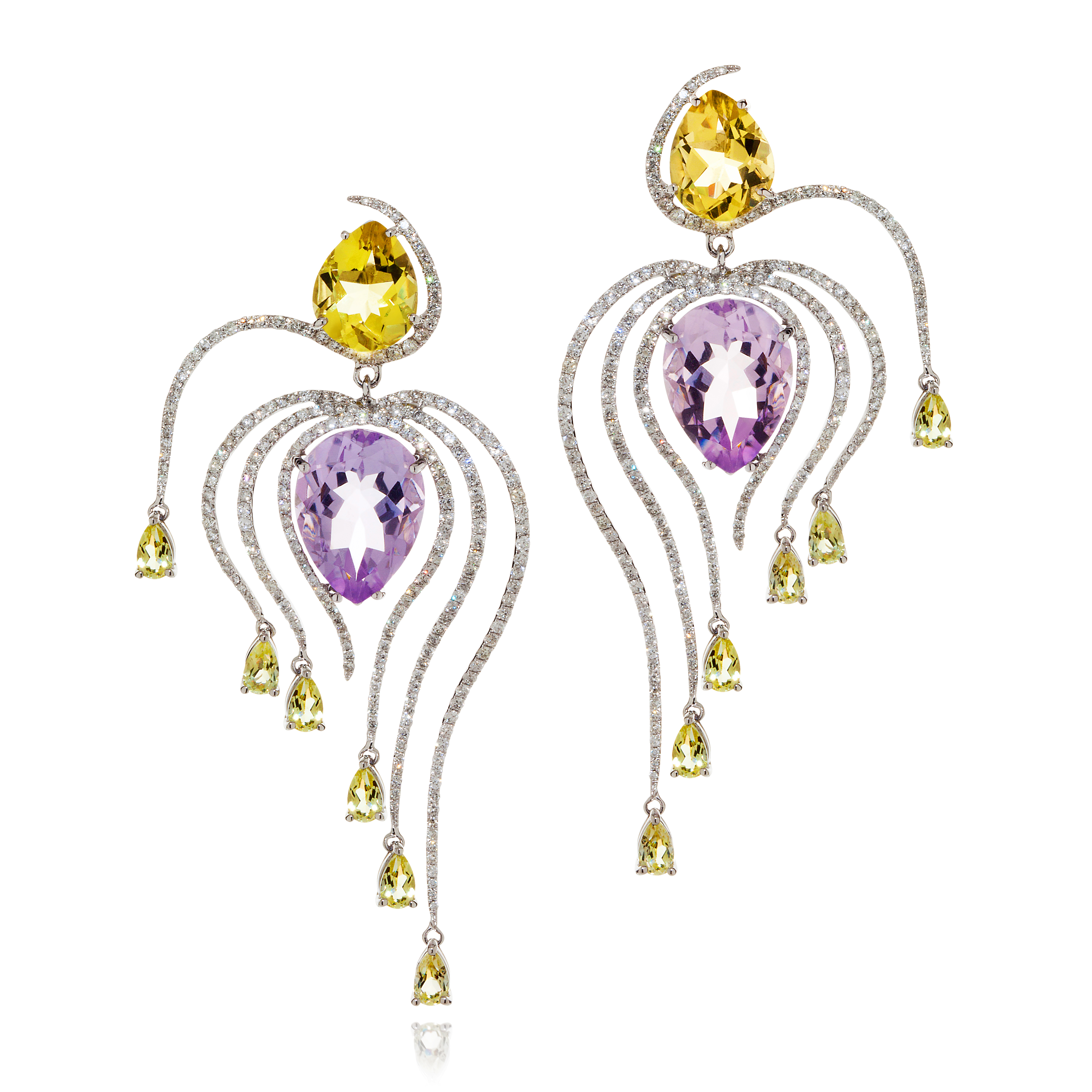 Leyla Abdollahi Hera earings mounted on white gold with diamonds, quartz and amethyst