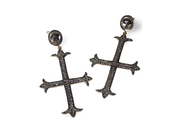 Catherine Angiel Black diamond cross statement earrings weight in blackened sterling silver with white gold backs