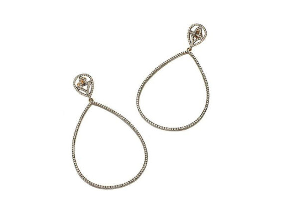 Catherine Angiel Champagne diamond teardrop earrings are shown with 2.50 carats total weight diamonds in blackened silver with gold posts backs