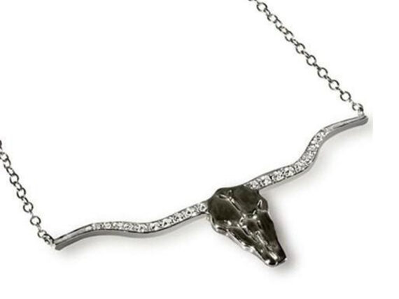 Catherine Angiel Unique longhorn necklace shown with .20 carat total weight in sterling silver 