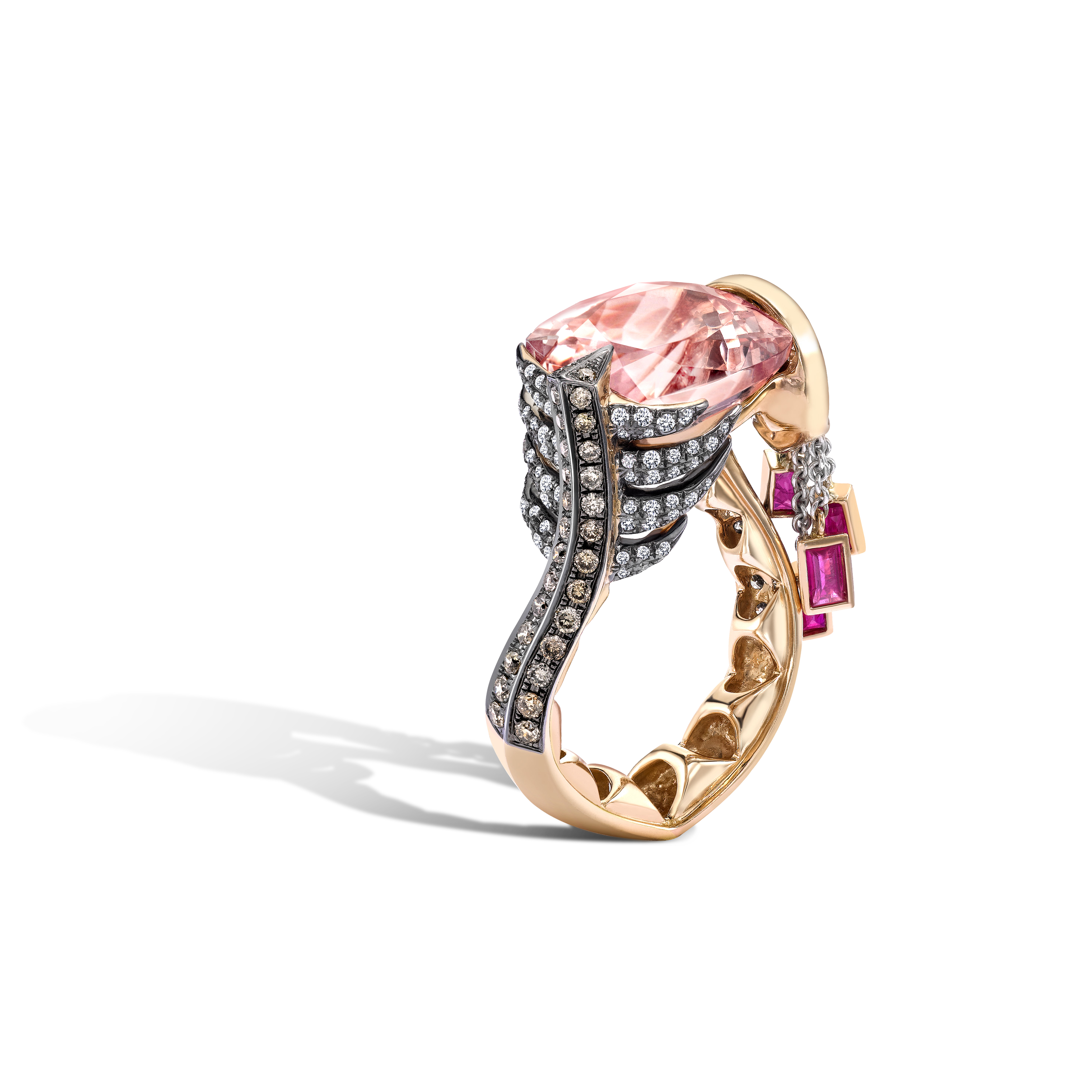 Leyla Abdollahi Kallirhoe ring mounted on rose and white gold with white and brown diamonds, rubies baguette and morganite cushion cut