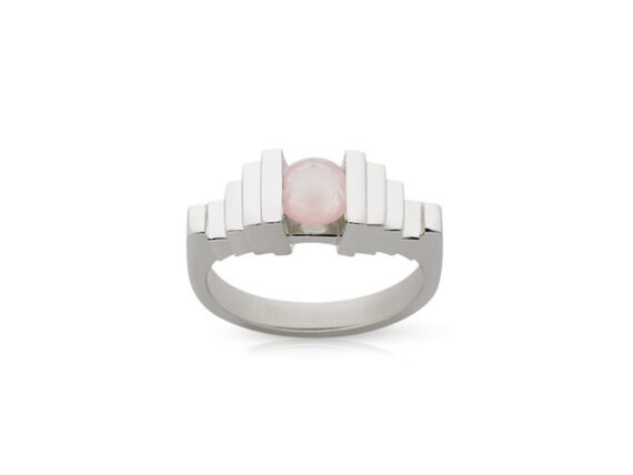 Meadowlark Empire ring mounted on white gold with rose quartz