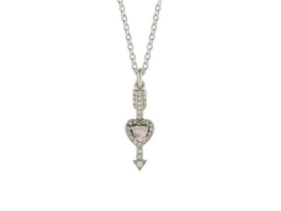 Meadowlark Heart & Arrow necklace mounted on white gold with rose quartz and white diamonds