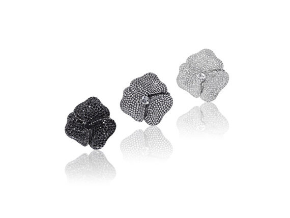 AS29 - Pave Flower rings mounted on black or white gold with white and black diamonds and sapphires