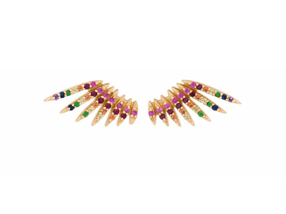 Celine D'Aoust Rainbow flying wings earrings mounted on light yellow gold with multi sapphires