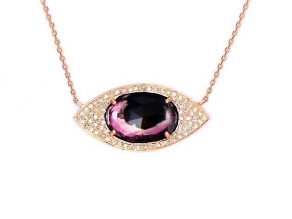 Celine D'Aoust Chain necklace full eye mounted on light rose gold with tourmaline and diamonds