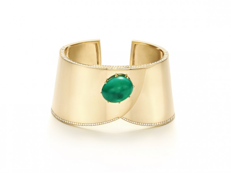 A yellow gold, emerald and diamond cuff bracelet signed Fred Leighton.