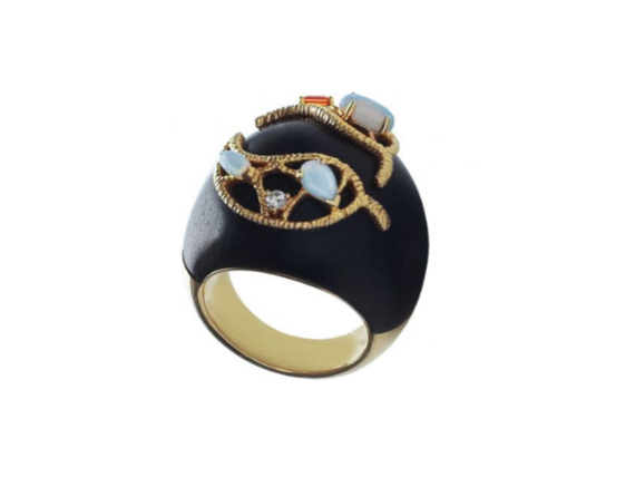 Goralska Ebony ring mounted on yellow gold and ebony set with one diamond, one orange sapphire and three opals