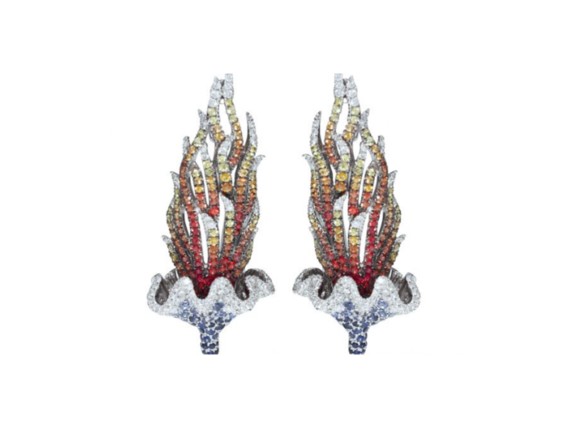 Goralska Water-flame earrings mounted on white gold paved with 300 diamonds, 220 blue sapphires, 360 orange sapphires and 100 yellow sapphires