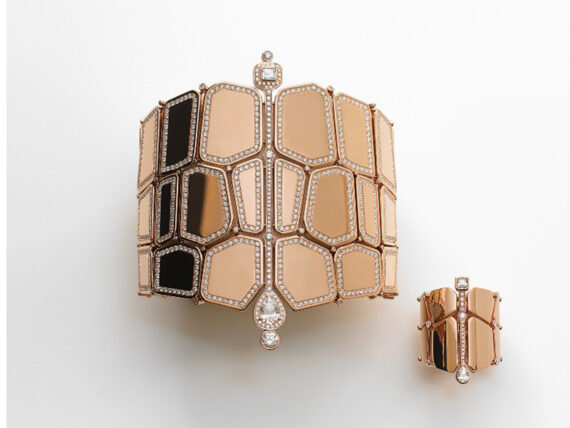 Hermès Ring and Cuff Niloticus set on red gold with diamonds 