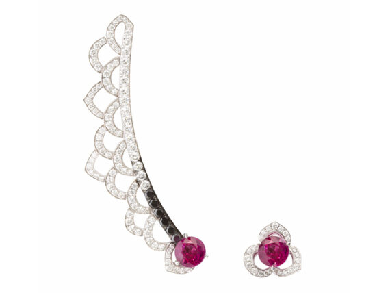 John Rubel Jolie Môme Earrings set with 2 pink sapphires 1.92 carats, 118 diamonds and 6 black diamonds