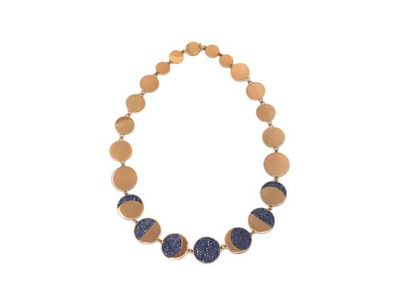 Pamela Love Moon Phase Collar mounted on yellow gold with pave blue sapphires