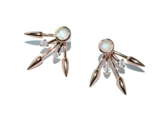 Pamela Love Beam earrings mounted on rose gold plate over sterling with moonstone and white topaz