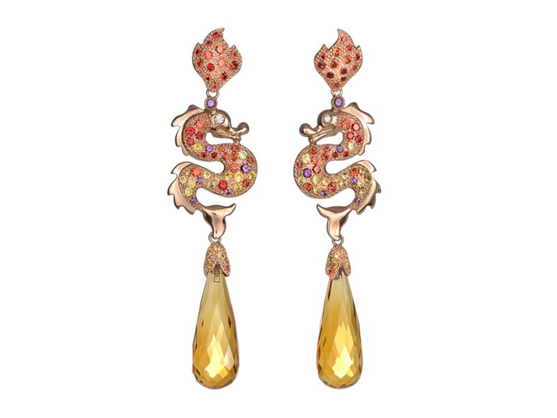 Vanessa Martinelli Dragon Kiss Earrings on red gold with two orange citrines briolettes, yellow and orange sapphires with purple amethysts and diamonds 
