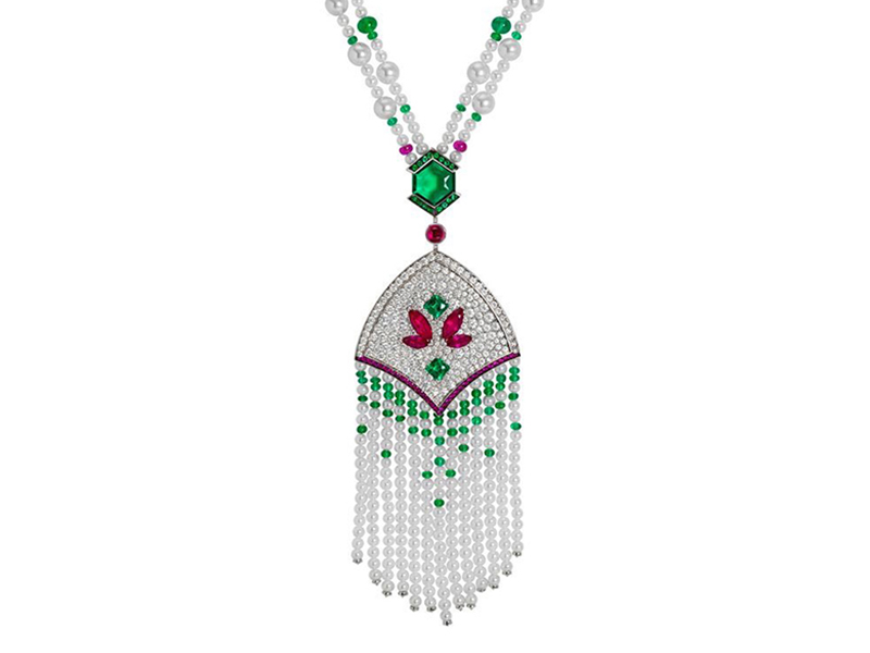 John Rubel Mistinguett - White gold necklace, made with diamonds, rubies, pearls & emeralds.