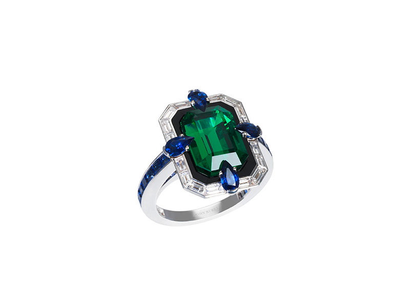 John Rubel Liberty ring - White gold, 4 pear-cut blue sapphires, onyx, baguette cut white diamonds and sapphires with a central natural emerald from Zambia of 6.22 carats.