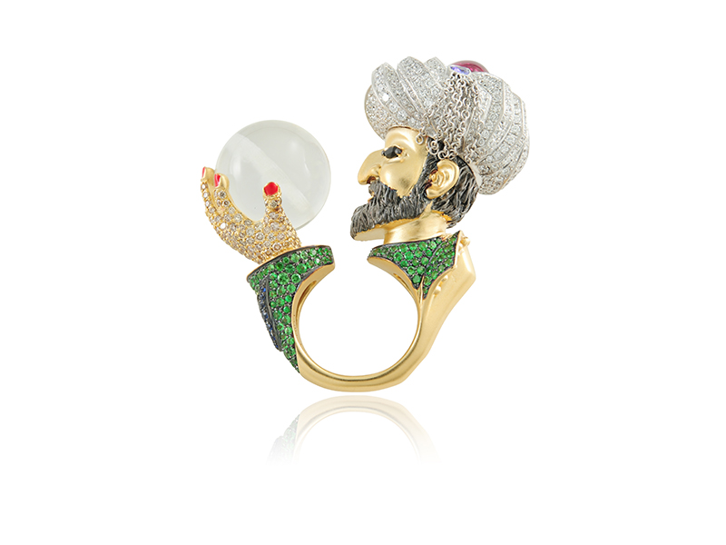 Lydia Courteille Soliman le Magnifique ring mounted on 18k gold with white and brown diamonds, sapphires, tsavorites, onyx, tanzanite, garnet, rock crystal and enamel