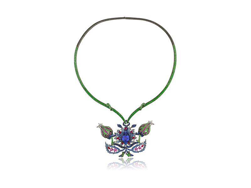 Lydia Courteille Topkapi necklace mounted on 18k black rhodium with tanzanite, sapphires, rubies, tsavorites and diamonds