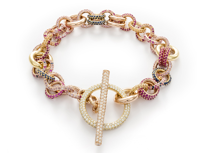 Spinelli Kilcollin Atlantic Royal linked chain bracelet in mixed 18k gold with pavé-set sapphire and ruby chain links, and a white diamond toggle