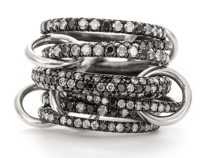 Spinelli Kilcollin Vela Pavé linked rings of black rhodium plated white gold that are set with full cut pavé cognac, champagne, and white diamonds