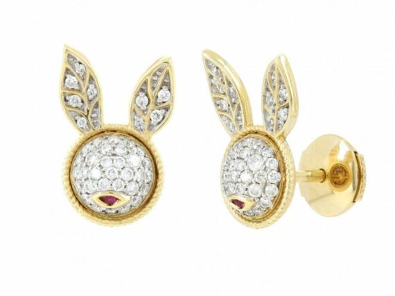 Yvonne Léon Bunny stud mounted on yellow gold with diamonds and ruby