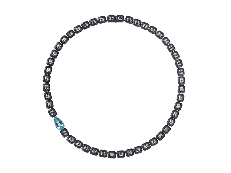 Nikos Koulis  Oui necklace with white diamonds, paraiba and grey enamel frame