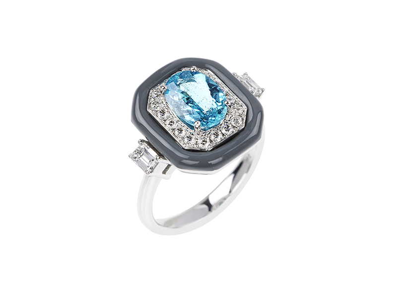 Nikos Koulis Oui ring mounted on white gold with white diamonds, paraiba and grey enamel