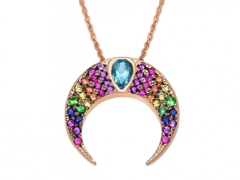  Gaelle Woodbury Behind the stars collection - Rose gold crescent moon pendant with sapphires, amethyst, tsavorites and blue topaz central stone