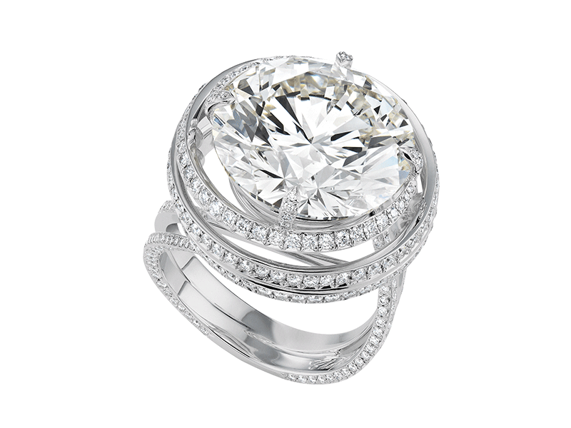 Chopard A white gold ring set with a central diamond of 3 carats and surrounded by 13 carats of diamonds