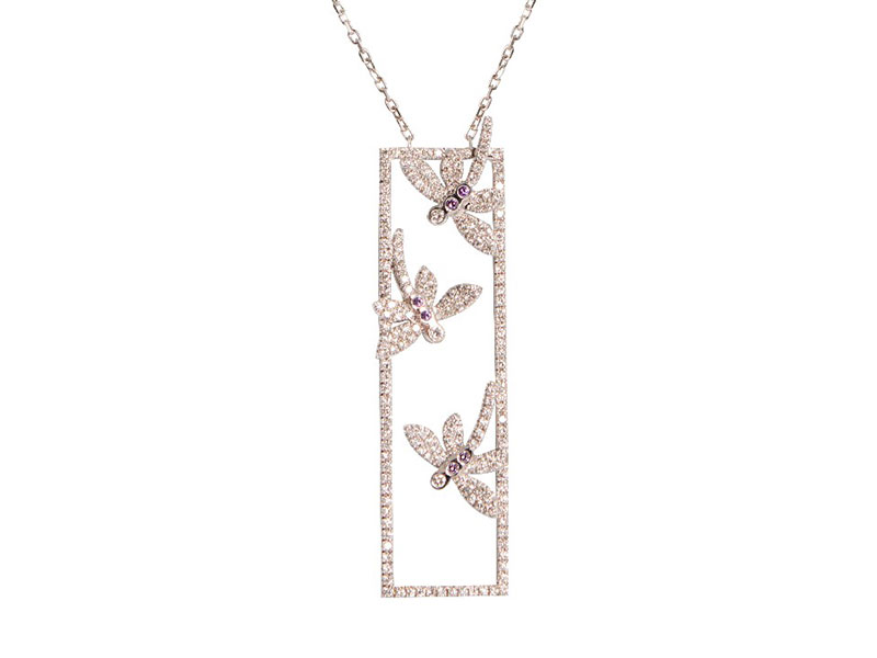 Malakine Rectangular Butterly pendant set on white gold with diamonds