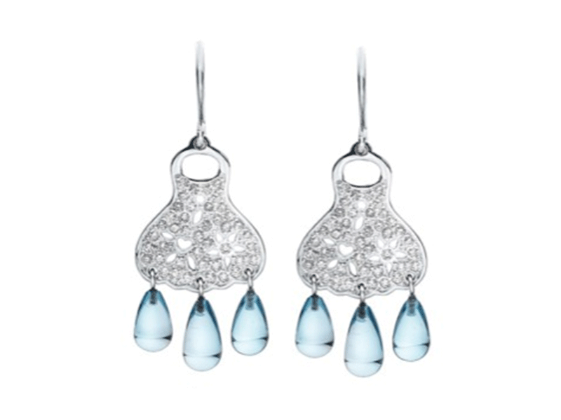 2- Ole Lynggaard Coppenhagen - Lace Earrings The ear hanger lace is set in 18 carat white gold with  84 diamonds for a total 0f 0.84 carats in addition to 6 blue topaz drops  ~9,600.- Euros